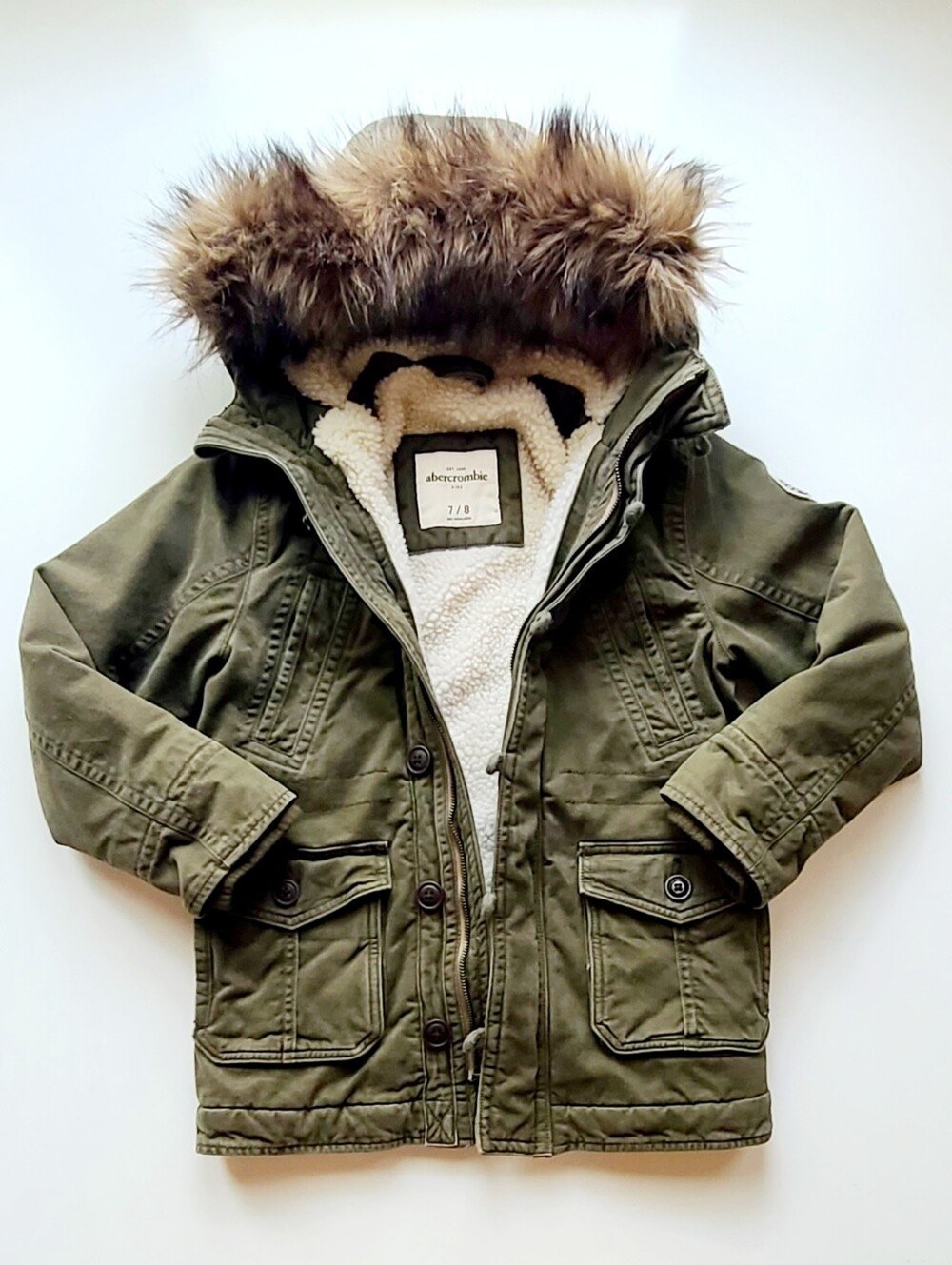*Vintage Y2K Abercrombie Kids Boys/Girls Green Hooded Parka Faux Fur Trim 7-8Y